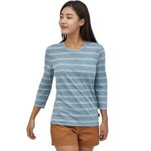 Patagonia W's Mainstay Spring 3/4 Sleeve Top – Light Blue Stripe – Size Large